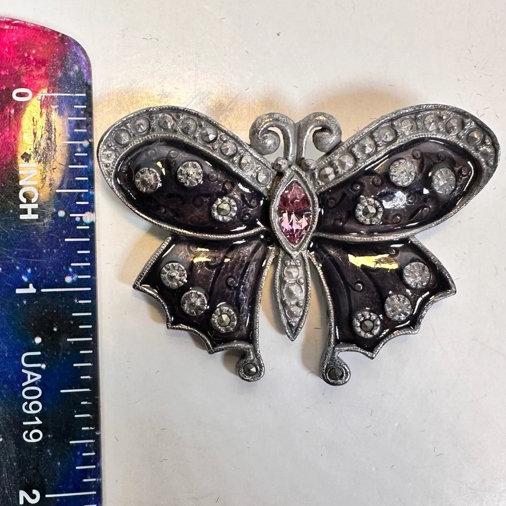 Vintage AAI dark purple enamel & pink rhinestone butterfly brooch - Picture 4 of 6